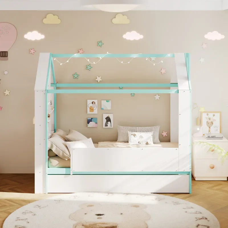 White Green House Trundle Bed Solid Wood Kids Room Furniture Twin Size Pull Out Guest Sleeping Custom OEM