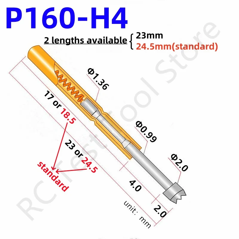20/100PCS P160-H4 Spring Test Pin Test Probe 23 or 24.5mm Dia 2.0mm Needle Pogo Pin P160-H 1.36mm Circuit Board PCB Test Tool