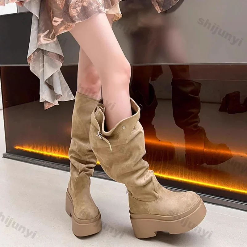 Botas hasta la rodilla de tacón grueso a la moda para Mujer, Botas occidentales aterciopeladas de color caqui, Botas cortas de cuero suave para primavera y otoño para Mujer