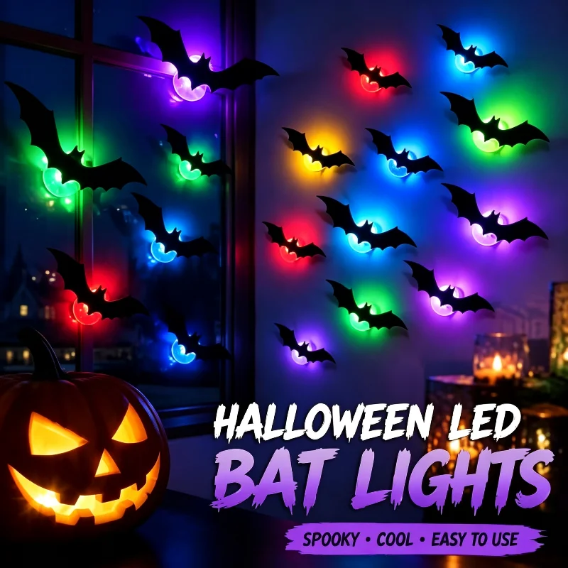 Halloween 3D LED Bat Wall Sticker Black‑bat Glowing Decal DIY Spooky Window Wall Ornament For Halloween Party Haunted House