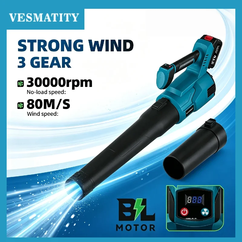 Vesmatity Cordless Leaf Blower 3 Speed Super Powerful Blower for Leaf Snow Dust Cleaning Tool for Makita 18V 20V Battery Pro Max