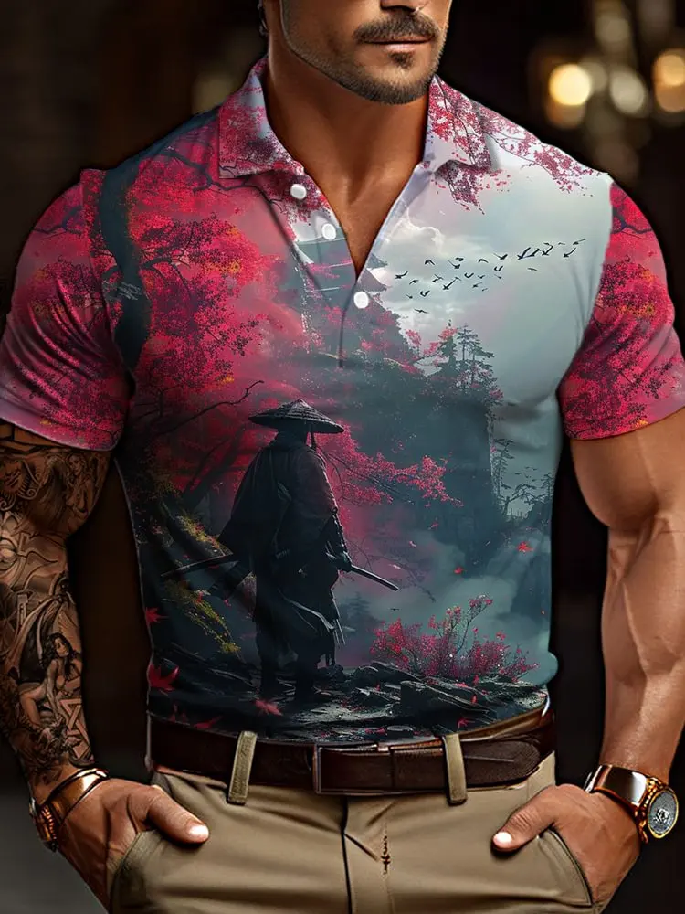 

PLstar Cosmos Ukiyoe Bushido Cherry Blossoms And Samurai 3D Printing Men's Polo Shirt Summer Casual Short Sleeve Polo POL214