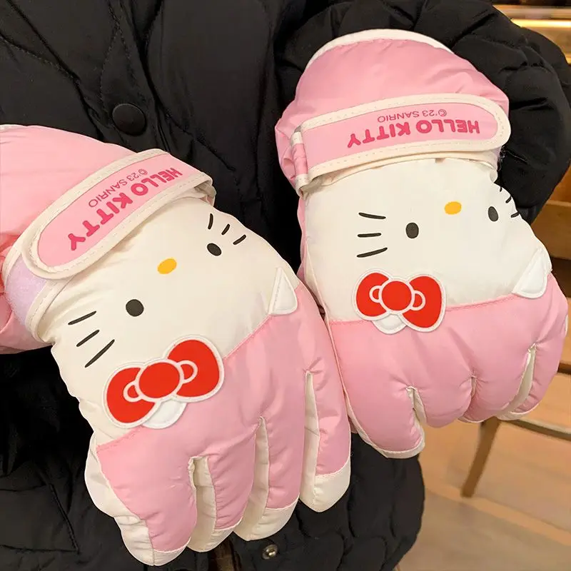 Guantes de esquí rosas de Hello Kitty para niña, bonitos guantes de lana gruesos, impermeables, cálidos, regalo de vacaciones para niña, novedad de 2024