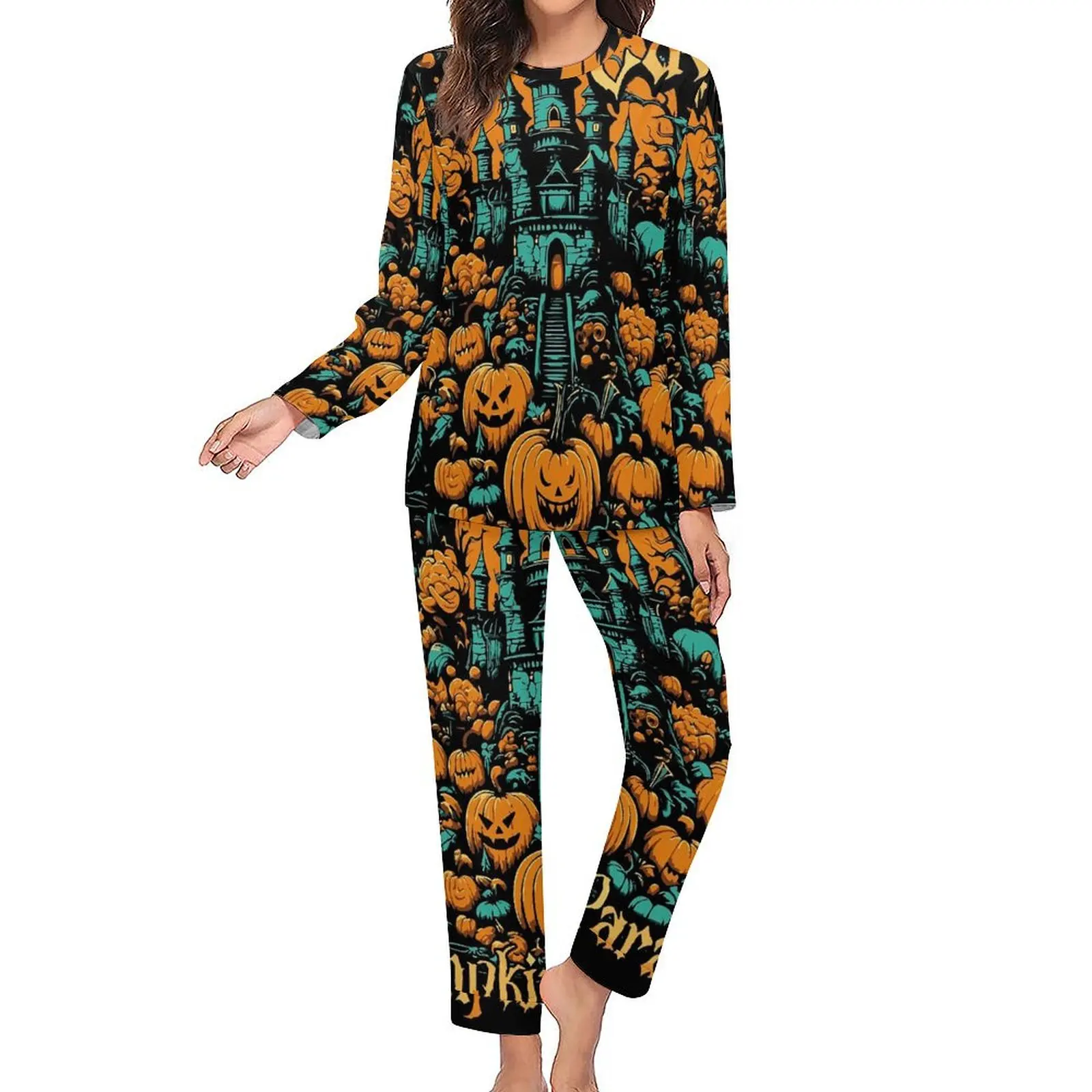 Halloween Pumpkins Pajamas Haunted House Soft Home Suit Female 2 Piece Casual Loose Oversize Custom Sleepwear Birthday Gift