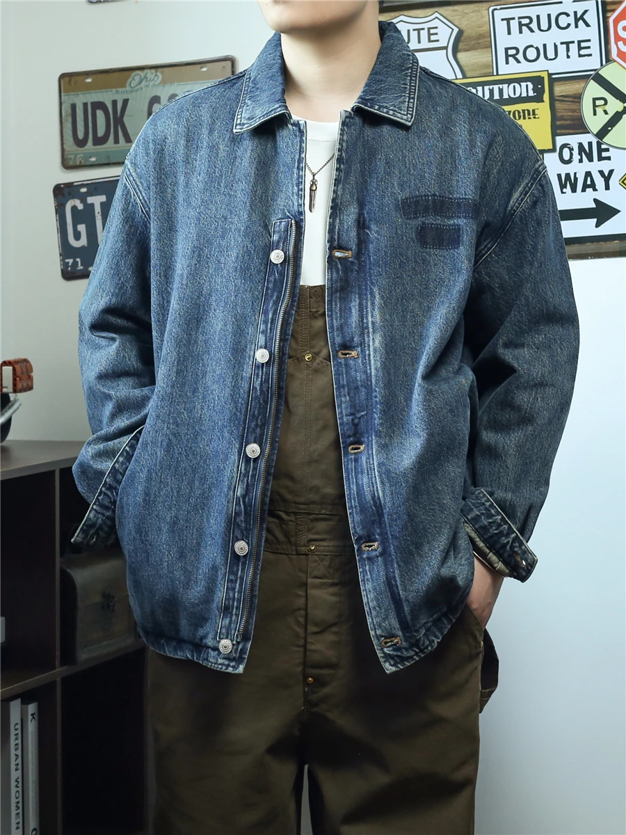 

Loose Fit Men's Deep Blue Denim Jaet Heavyweight Vintage Sle Autumn Winter Faion Trendy Outerwear Long Sve Youth