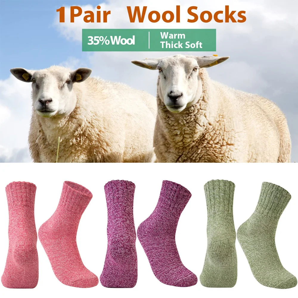 1Pair Fashion Womens Wool Socks Thick Knit Vintage Winter Warm Cozy Crew Socks Mid-Calf Home Socks Simple Floor Socks