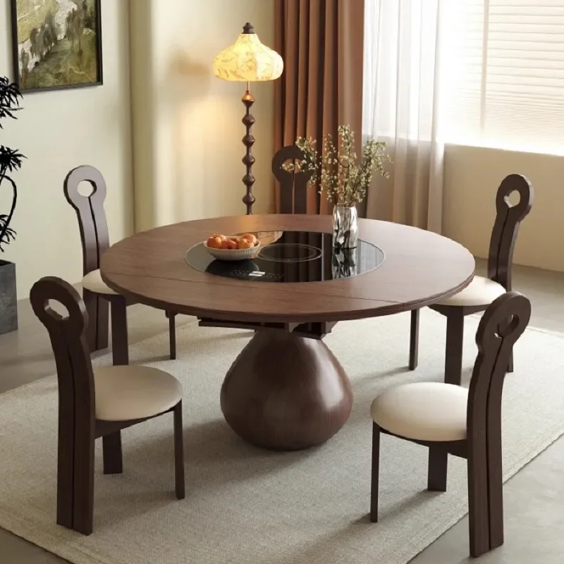 Medieval Style Solid Wood Round Dining Table with Telescopic Folding Design Smart Embedded Induction Cooker Rotating