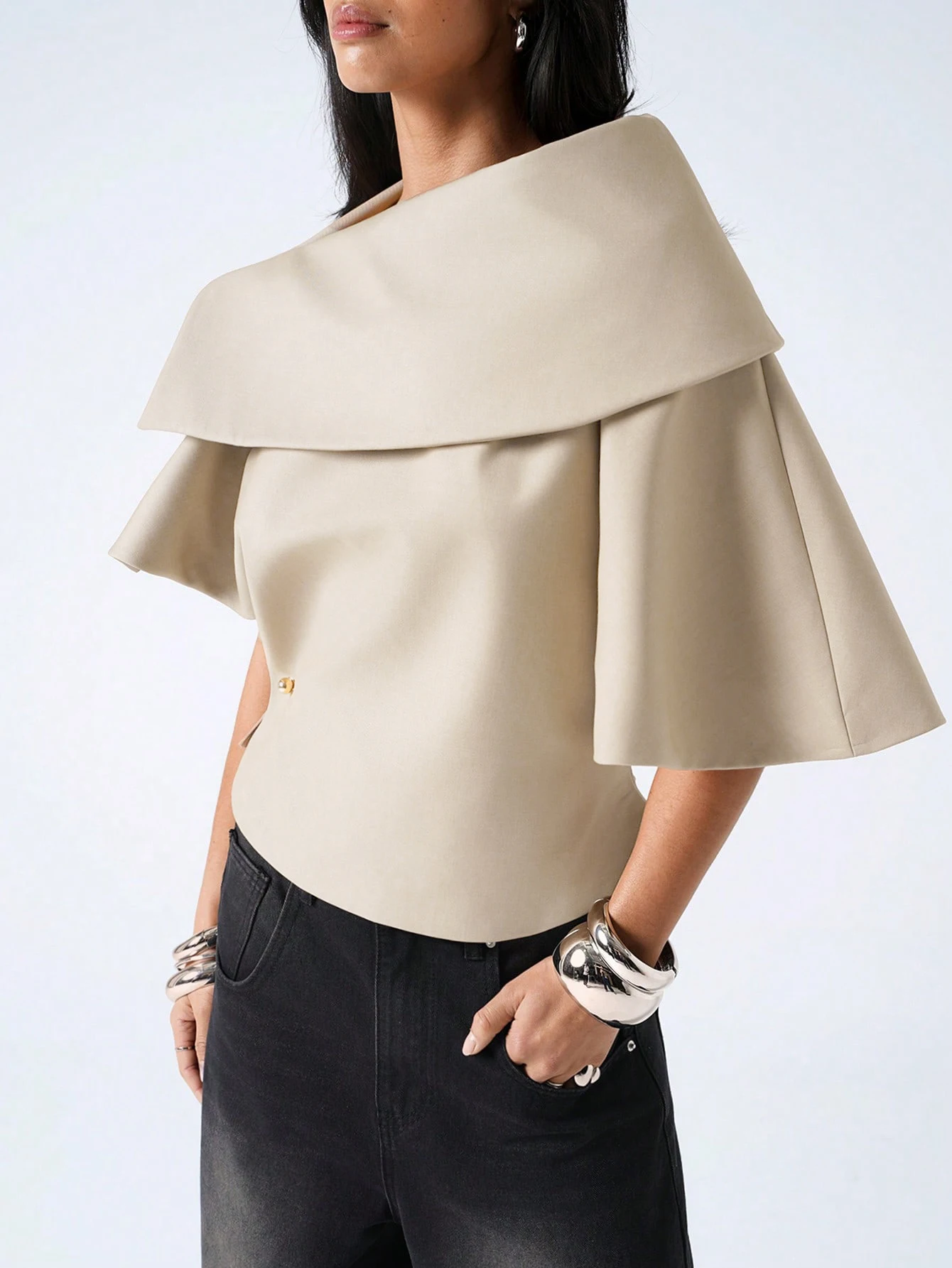Women's Off-Shoulder Fold-Over Blouse with Flare Mid-Sleeves Metal Button Decor Elegant Short Party Top
