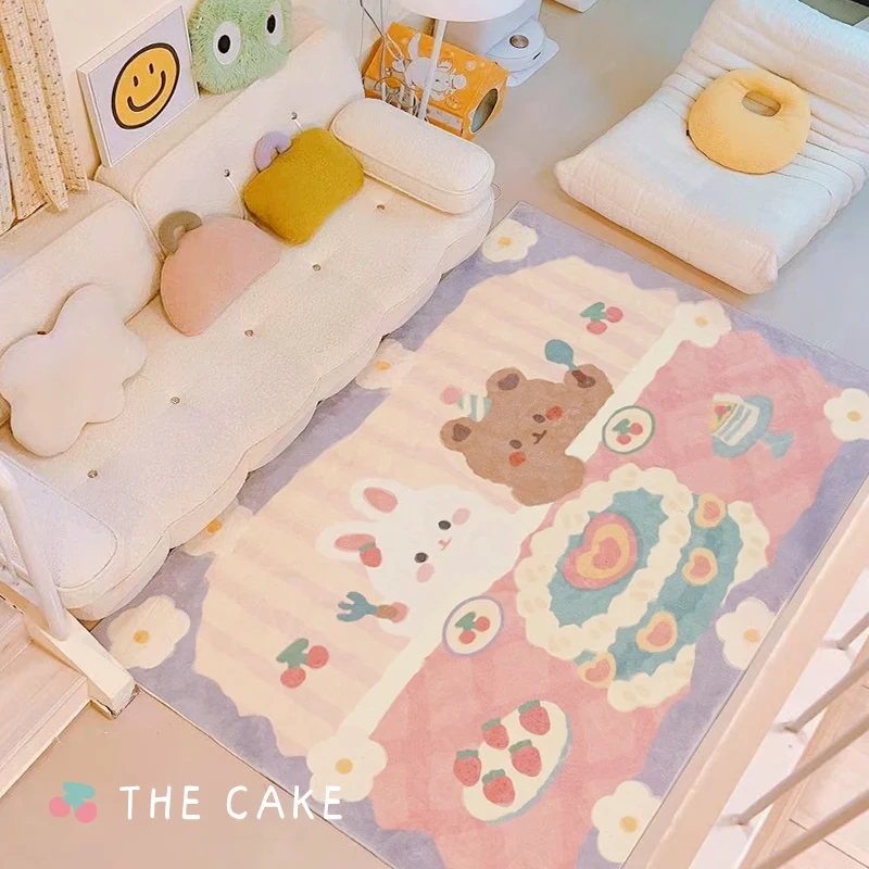 Cute Girly Bedroom Carpet Large Area Teddy Bear Rabbit Plaid IG Living Room Carpet Cartoon Children's Play Mat Decoration Home