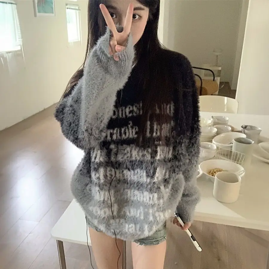 Lazy Style Letter Jacquard Gradient Pullover Sweater for Women Loose and Versatile Soft and Sticky Knit Sweater