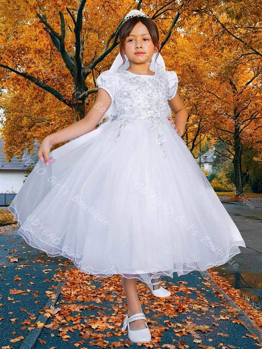 Mini vestido de novia de tul de encaje blanco para niñas de flores, vestido de primera comunión hasta el té con mangas abullonadas, Vestidos hechos a medida