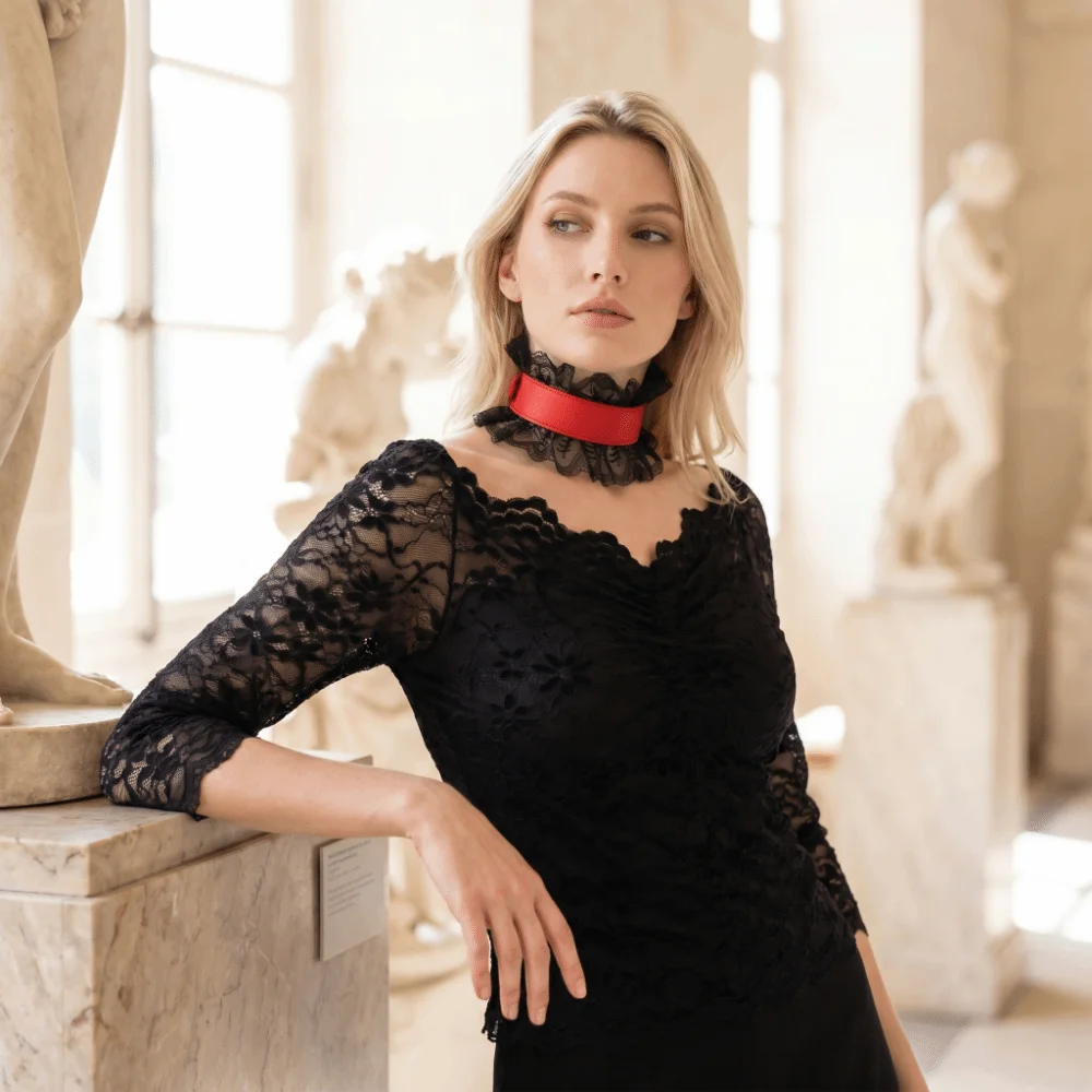 Black Red Color Pu Leather Choker Ruffled Floral Lace Adjustable Lace Lolita Choker Vintage Style Chunky Gothic Neck Ruff Party