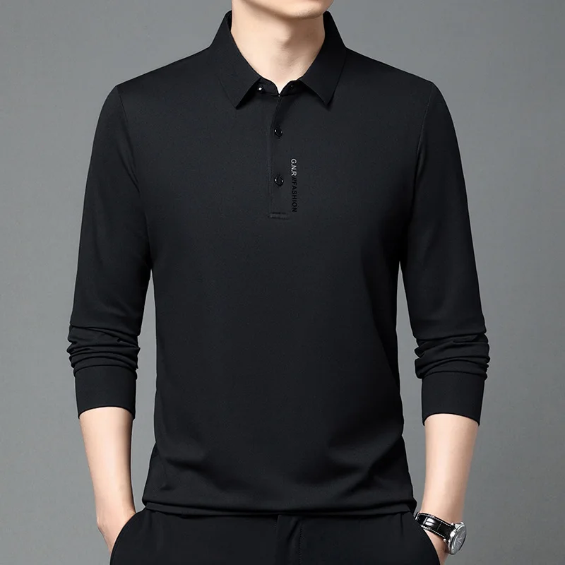 Spring Autumn Hot Sale Young Middle Aged Men Fashion Casual Solid Color Lapel Long Sleeve Polo Shirt Slim Fit Soft Breathable Da