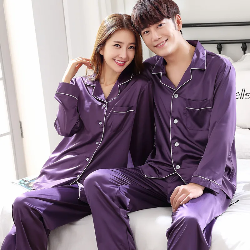 Conjunto de Pijama de satรฉn y seda para hombre y mujer, ropa de dormir de Color liso, con botones,
