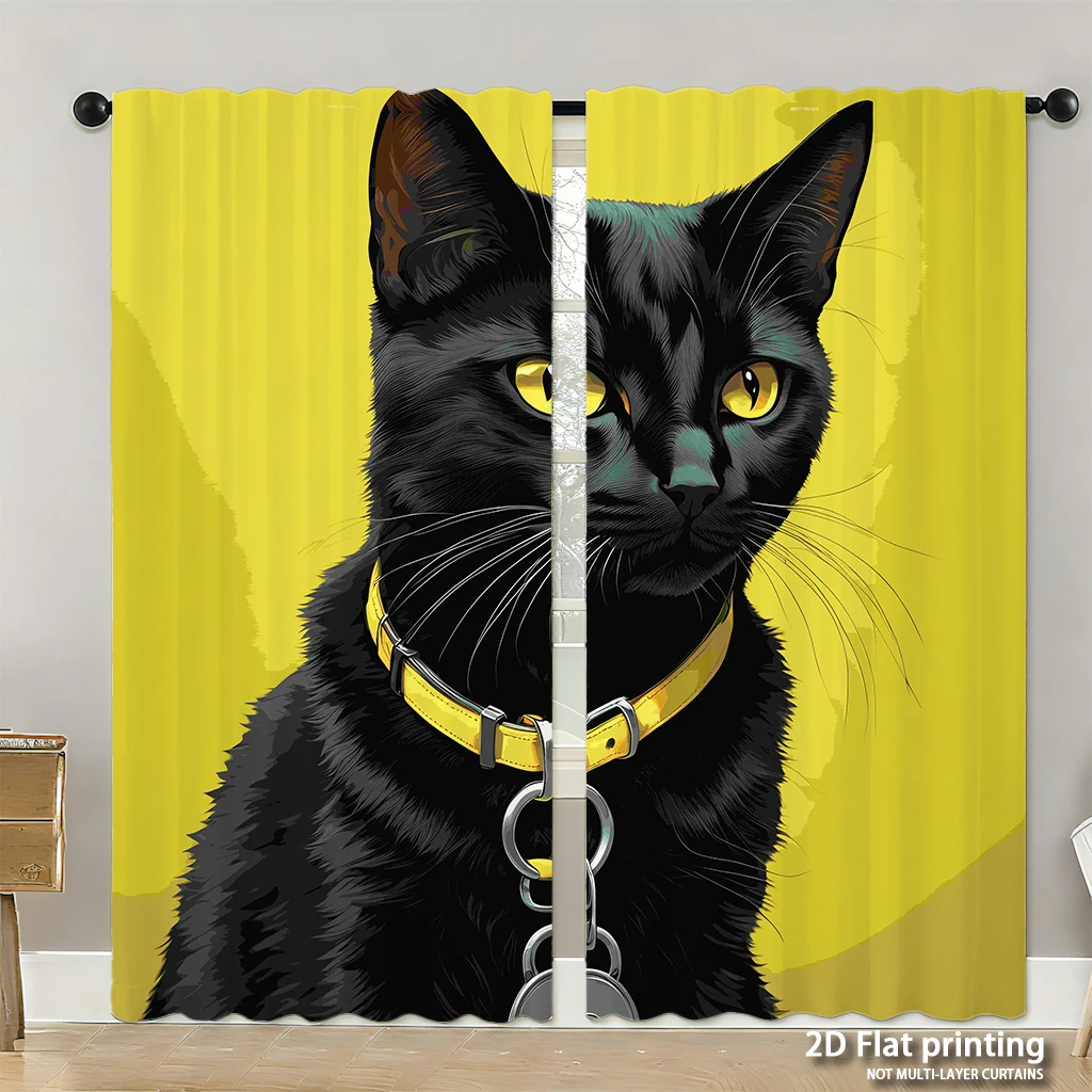 

2-piece set of high-definition digital printed curtainsblackCat yellowBackground yellowCollarHome decoration style