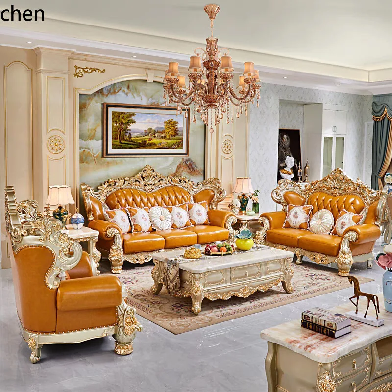 HT Champagne Gold Genuine Leather Sofa Set Villa High-End Carved Furniture Set Leather Art Sofa