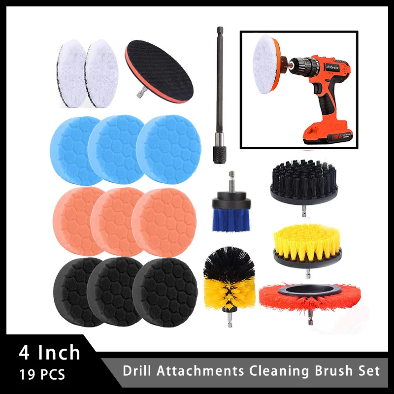 

4 Inch Drill Attachments Cleaning Brush Set 19PCS with Scrub Pads Sponge, Power Scrubber Brush for Auto Car Waxing Polishing