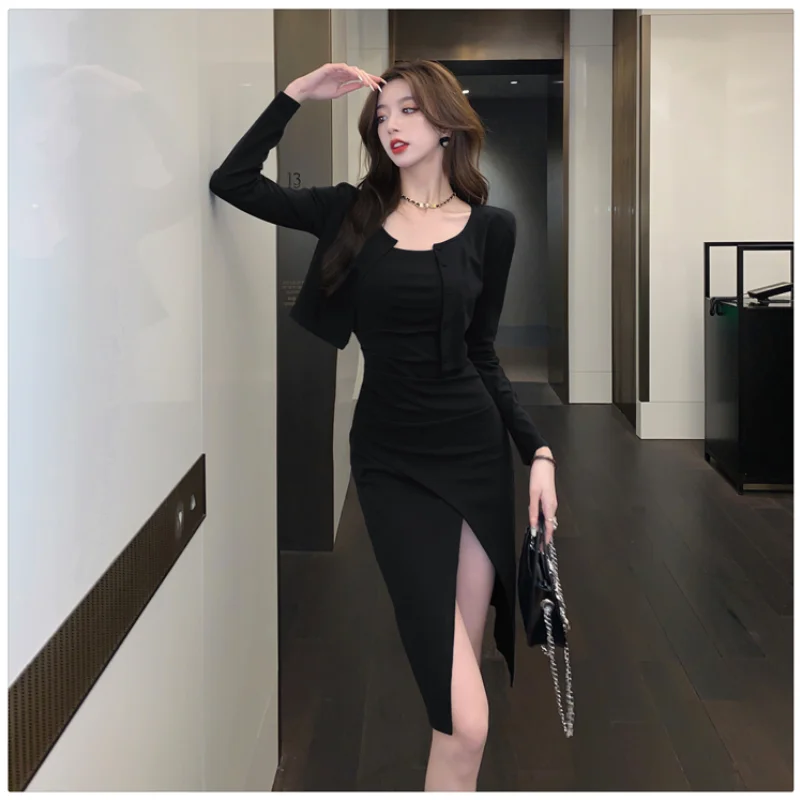 

Autumn New Elegant Retro Split Sexy Strap Dress Two Piece Cardigan Long Sleeve Long Dress Spicy Girls Advanced Fashion Set