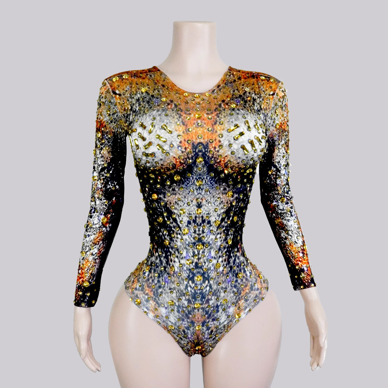 

GOGO Custumes Sparkle Crystal Bodysuit Long Sleeve Print Sexy Club Party Birthday Drag Queen Dance Wear Festival Stage Clothes