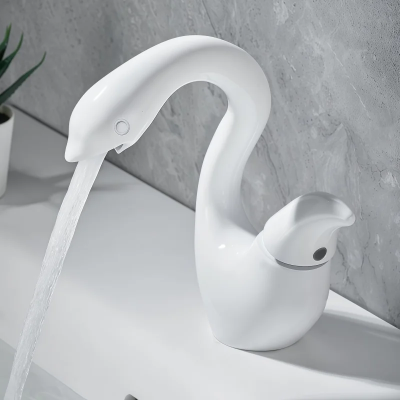 Off-Center Little Swan Faucet for Countertop Basin, Bathroom Sink, Bathroom Cabinet, Hot and Cold Water Faucet