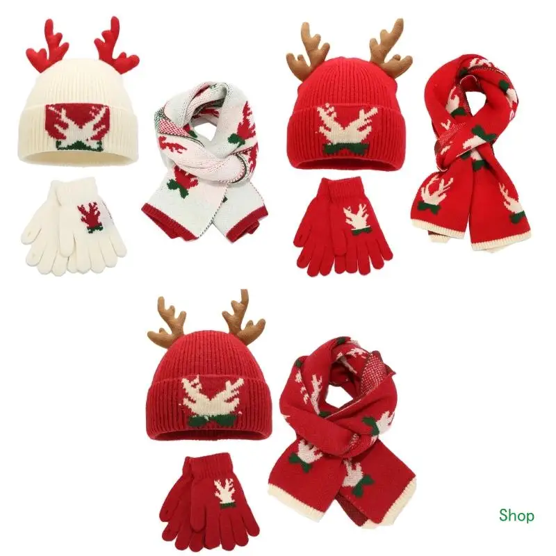 

Прямая поставка, рождественская шапка с оленями, шарф, перчатки, комплект, сезонный праздничный рождественский трикотаж