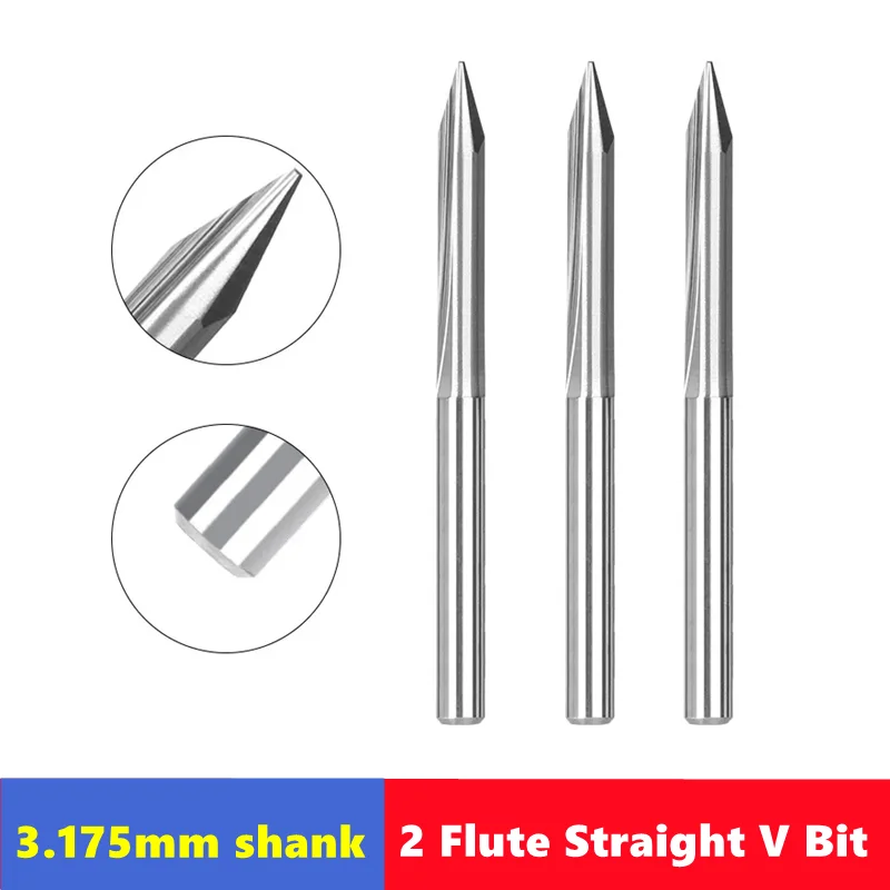 10pcs 2 slot pointed CNC woodworking carving drill bit 20-90 ° straight V-shaped 3.175 shank hard alloy end milling cutter