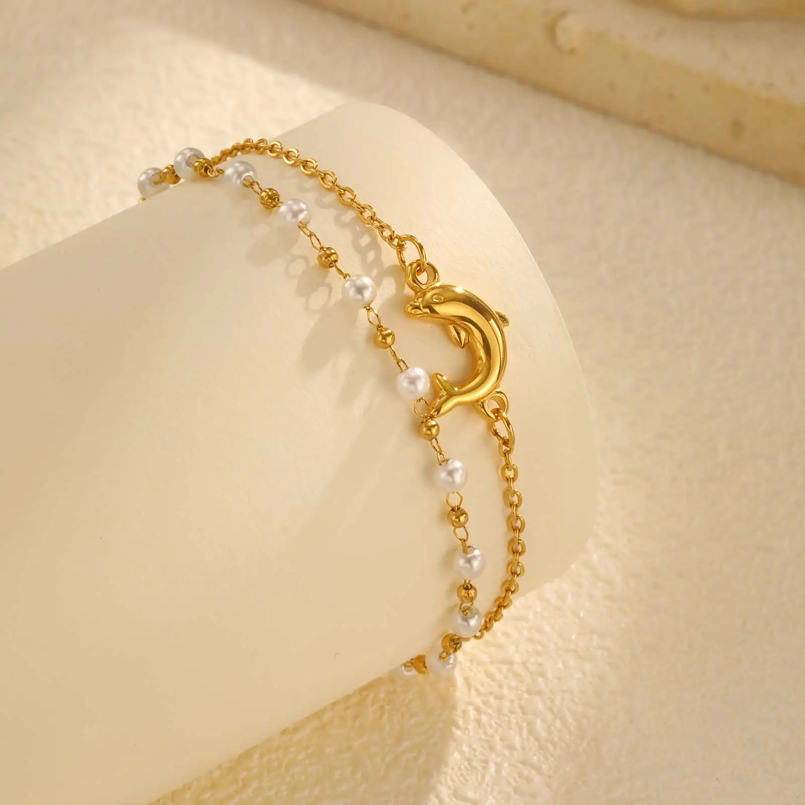 

Exquisite Dolphin Imitation Pearl Bead Chain Bracelet for Women,Stainless Steel Double Layered Bracelets,Charm Jewelry Gifts