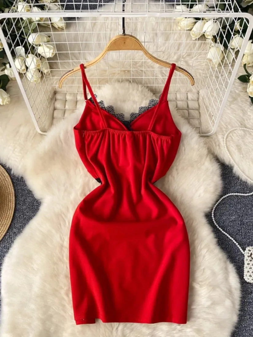 ssTss Women's Lace Trim V-Neck Spaghetti Strap Dress Sheer Mesh High Waist Mini Bodycon Dress for Party Club