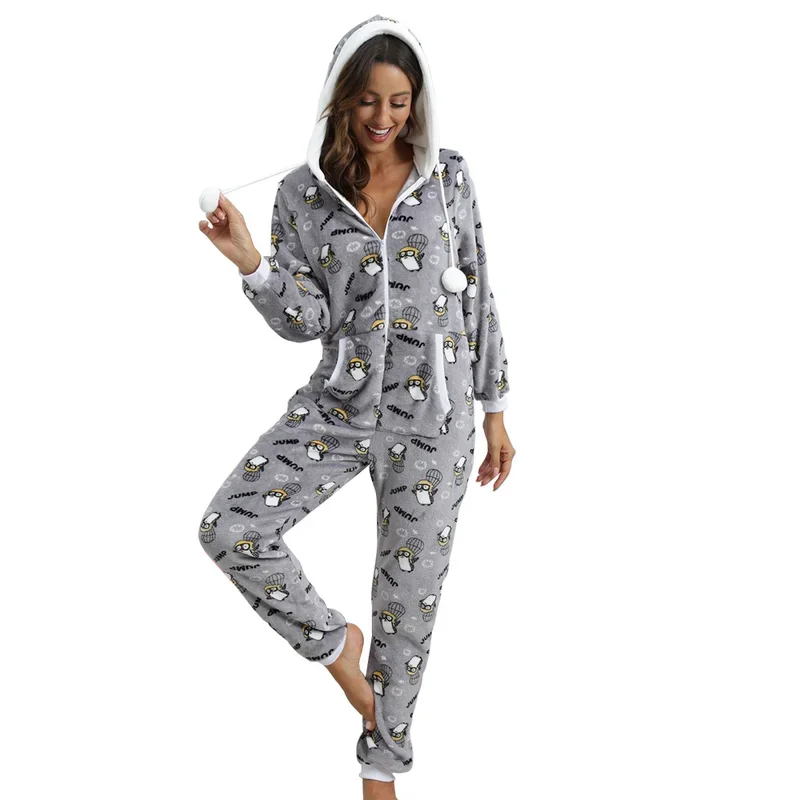 Warm Flannel Pajama Women Christmas Animal Print Jumpsuit Adults Winter Hoodie V-Neck Onesies Female Loungewear Zipper Sleepwear