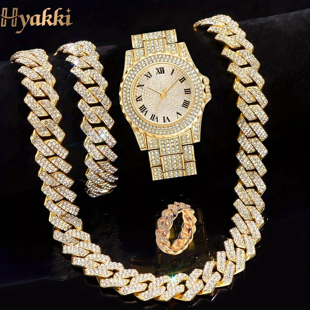 Heavy Bling All Crystal Paved Dial Gold Plated Men Wrist Watch Matching Iced Wide Cuban Chain Jewelry Gift For Rappers Night Par