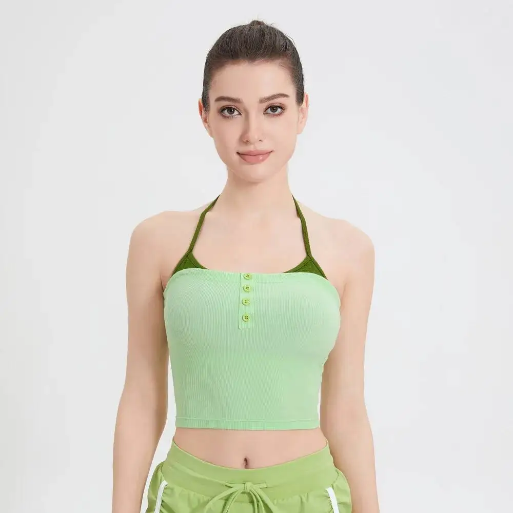 

Sports Vest For Women With Chest Cushion Running Training Fiess Sleeveless Top Integrated Hanging Neck Bra Shock Absorbing
