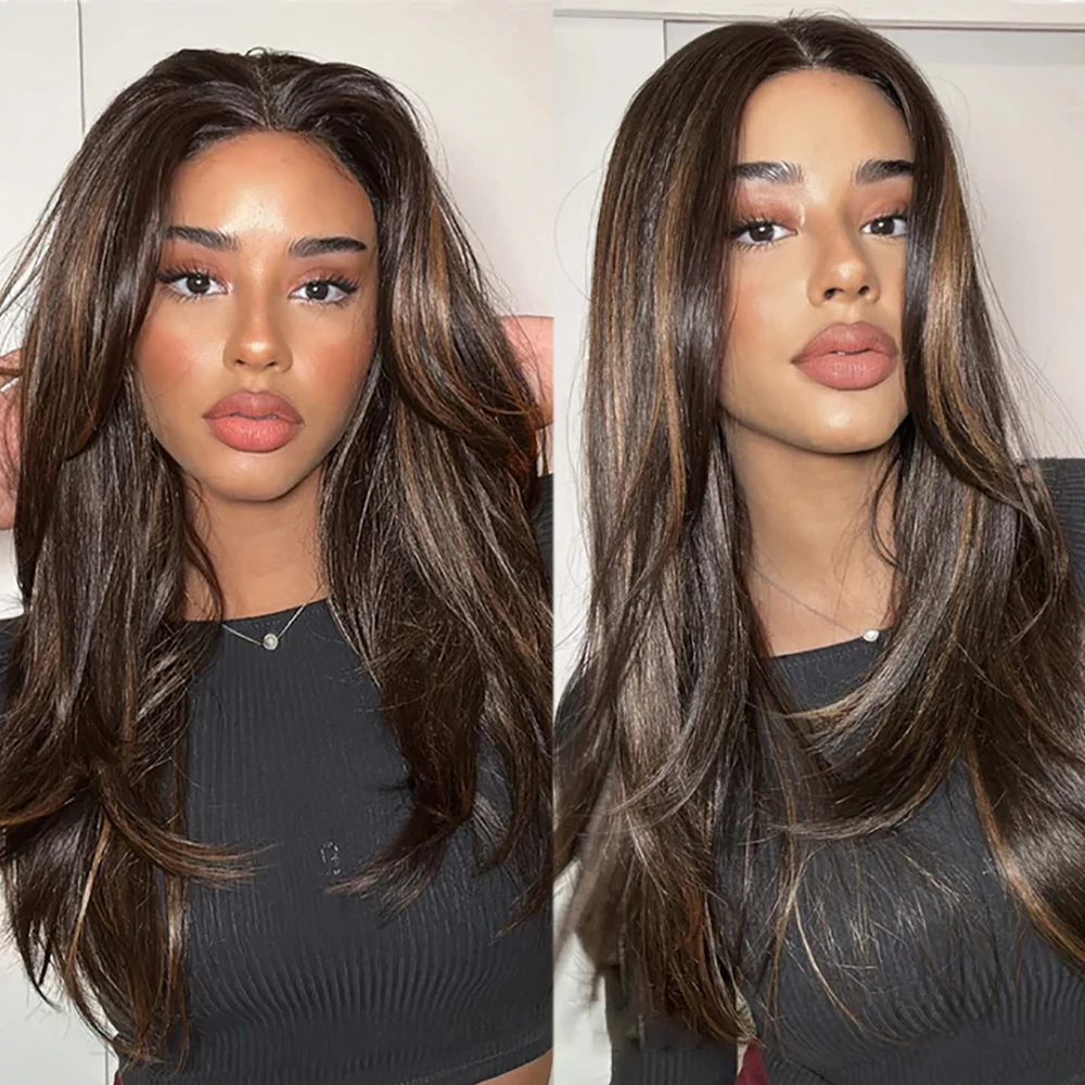 Destaque Layered Cut Lace Front Wig, Straight Wear and Go, Perucas Glueless, Pré Arrancadas, Linha Fina Natural, Perucas de renda sintética