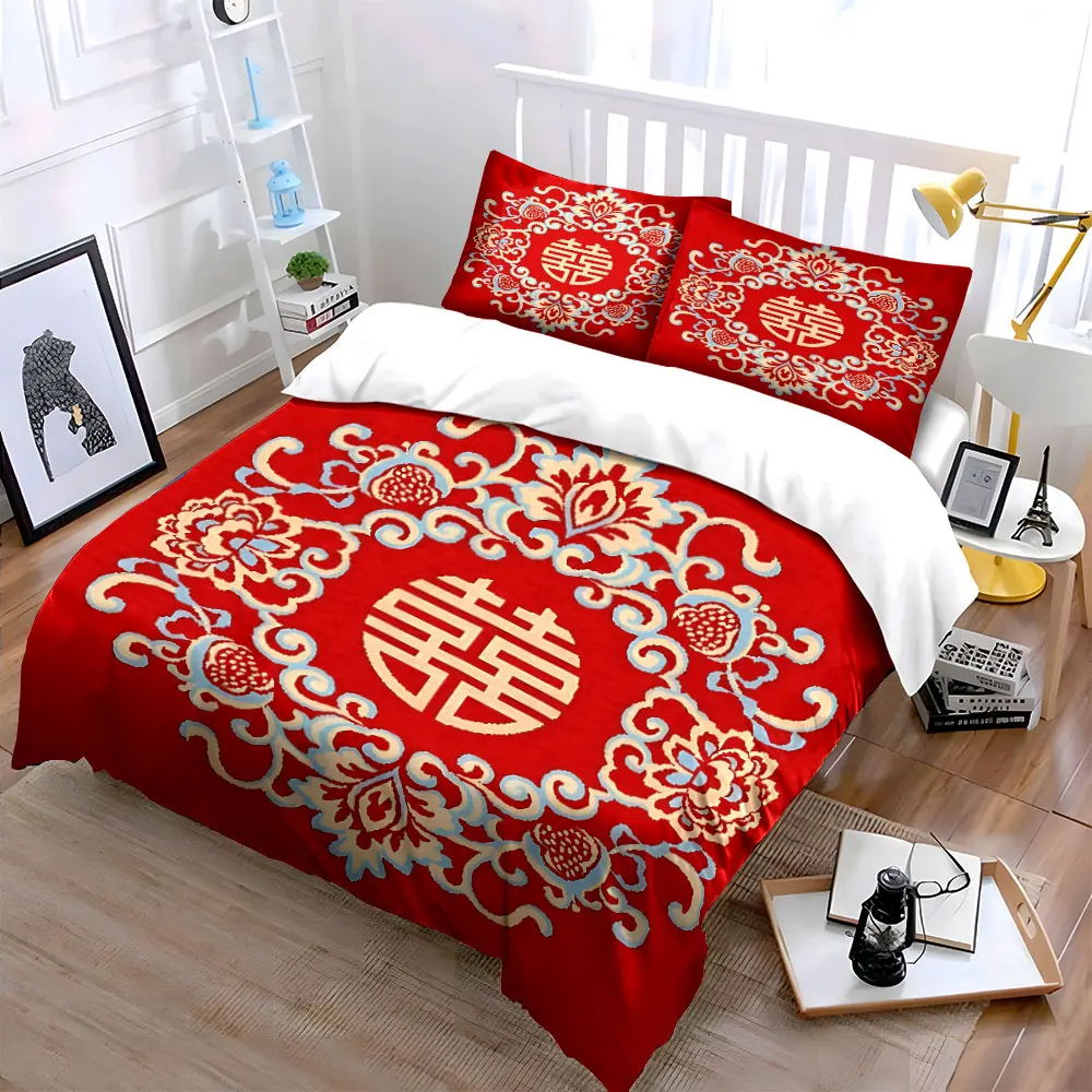 Red background with auspicious floral patterns Printed Duvet Cover Set1 Duvet Cover+2 PillowcaseMulti Size Bedroom Bedding Decor