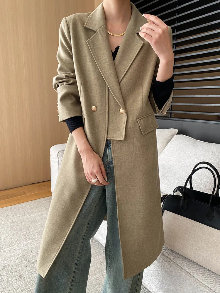 [EAM] Women Khaki Irregular Spliced Long Big Size Blazer New Lapel Long Sleeve Jacket Fashion Tide Spring Autumn 2024  1DH6851