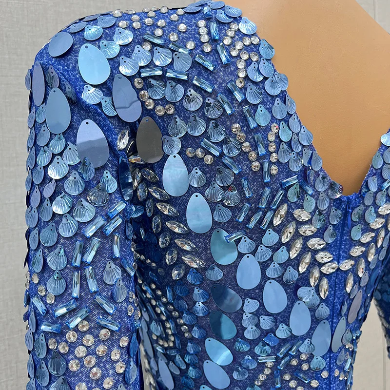 วันเกิดเพชรประสิทธิภาพชุด Royal Blue Sequins Slim สั้นชุดนักร้องรุ่น Walk Show Party Vestido De Fiesta Grad