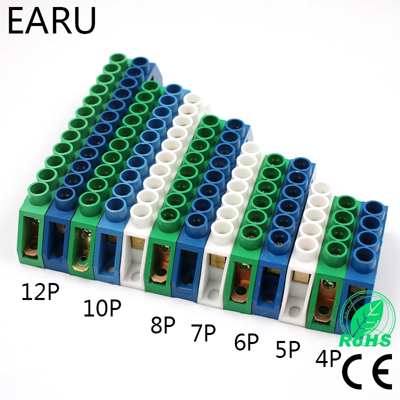 Blue White Green Bridge Design Zero Line 4-12 Pole Screw Brass Copper Grounding Strip Terminal Block Connector Earth And Neutral