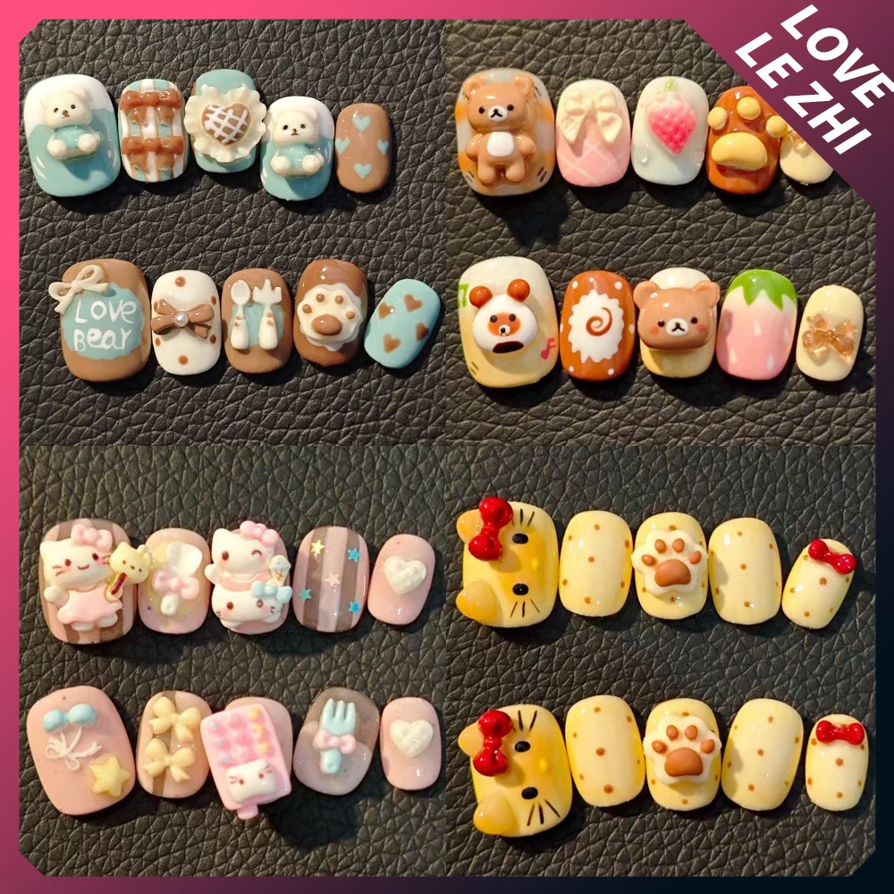 

Cute Cartoon Hello Kitty Rilakkuma Handmade Short Square Round Press On Nails Cat Claw Bowknot Fork Biscuit Flowers Fake Nails