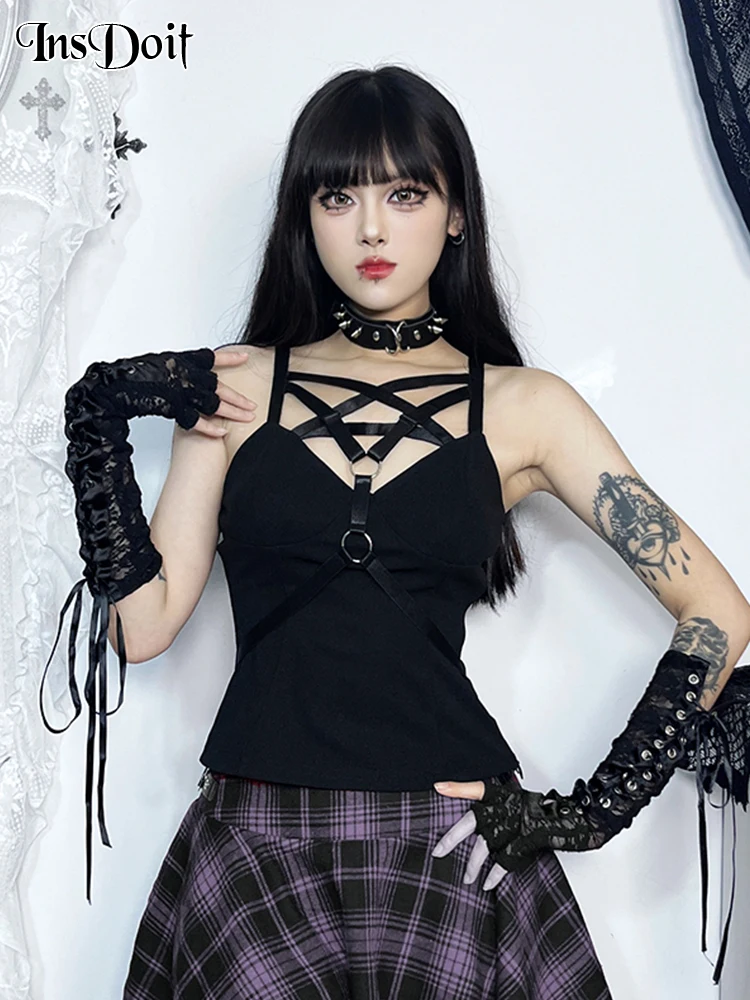 

InsDoit Gothic Pentagram Basic Sling Top Women Punk Sexy Sleeveless Camis Top Summer Backless Bandage Crop Top Streetwear