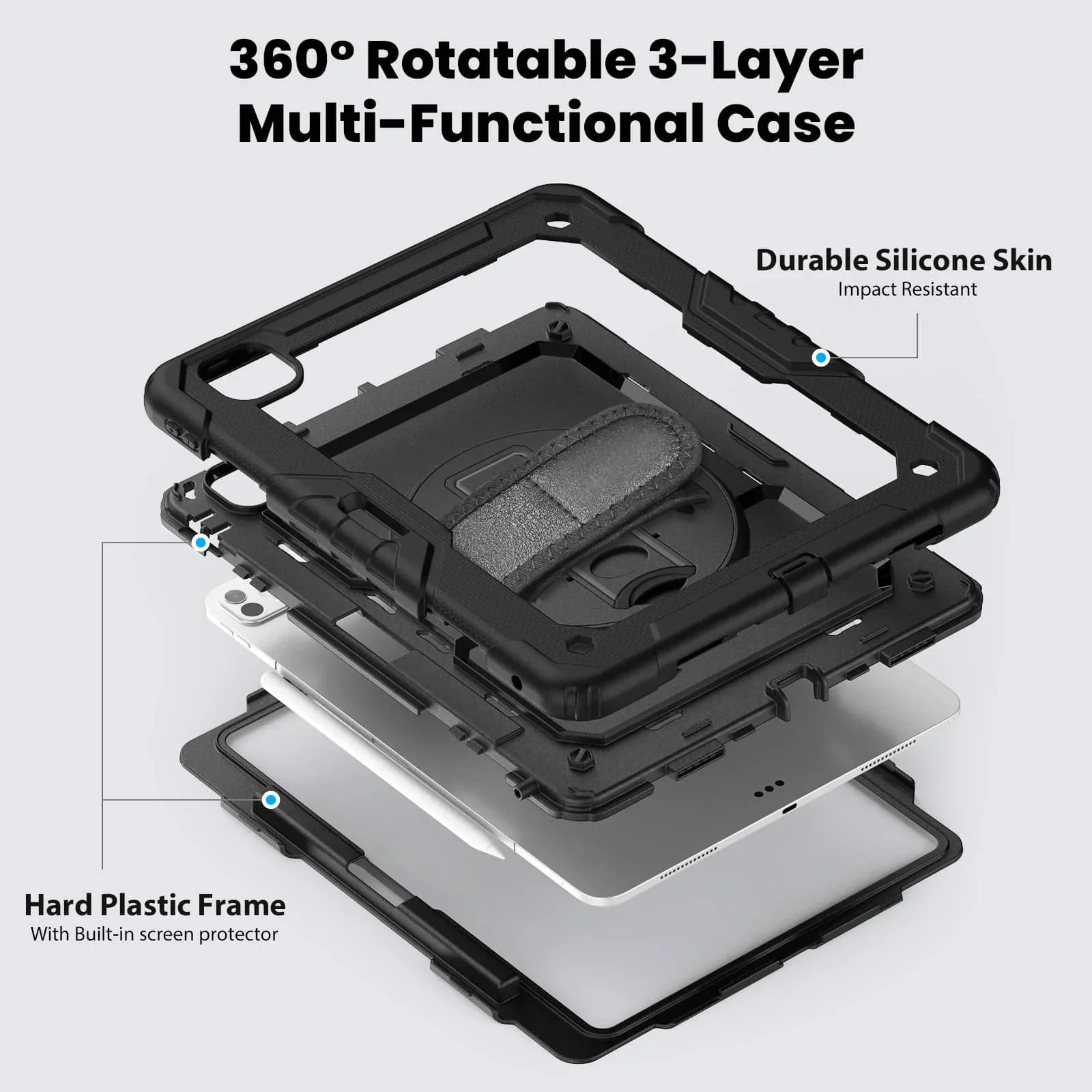 for iPad Pro 13-inch (M4) 2024, Military Grade Shockproof Protector Silicone Cover with Pencil Holder+Handle Shoulder Strap Case