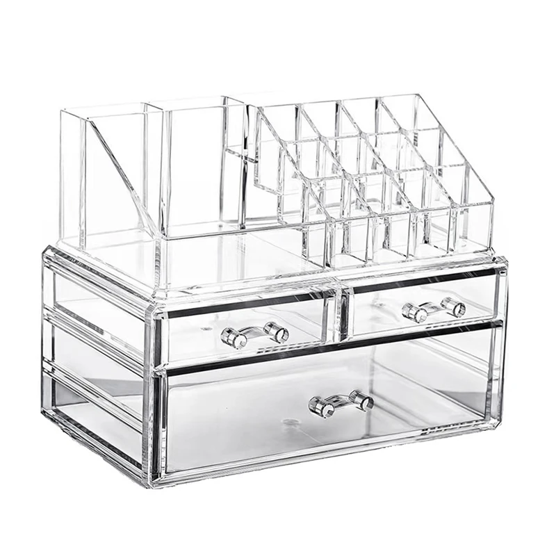 Clear Makeup Organizer Plastic With 3 Drawers Removable Of Top Lipstick Holders Enhance Your Vanity, Bathroom,Dresser