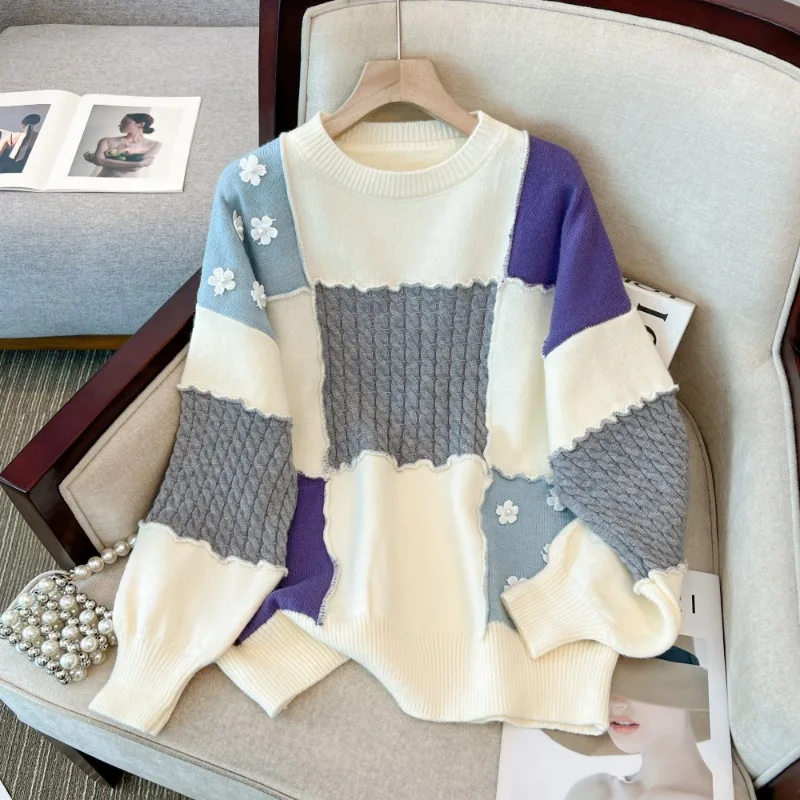 Autumn and Winter Sweaters Women Patchwork Long-sleeved O-neck Knitwears Female Tops Casual Oversize Daily Sweet Pullovers