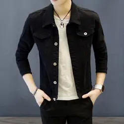 Men Jacket Lapel Jacket Stylish Men's Slim Fit Denim Jacket Solid Color Turn-down Collar Long Sleeve Outerwear for Spring Autumn