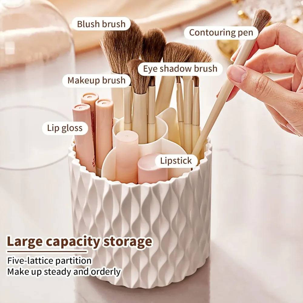 360° Rotating Makeup Brush Holder with Lid, Luxury Cosmetic Organizer for Lipstick/Eyebrow Pencil/Eye Shadow Storage