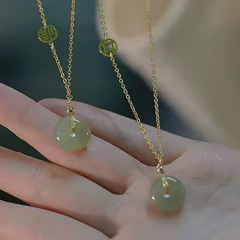 VENTFILLE Elbow Bead Chain Hetian Jade Necklace for Women Girl Gift Fresh Temperament Ins Fashion Peace Ｈappiness Jewelry