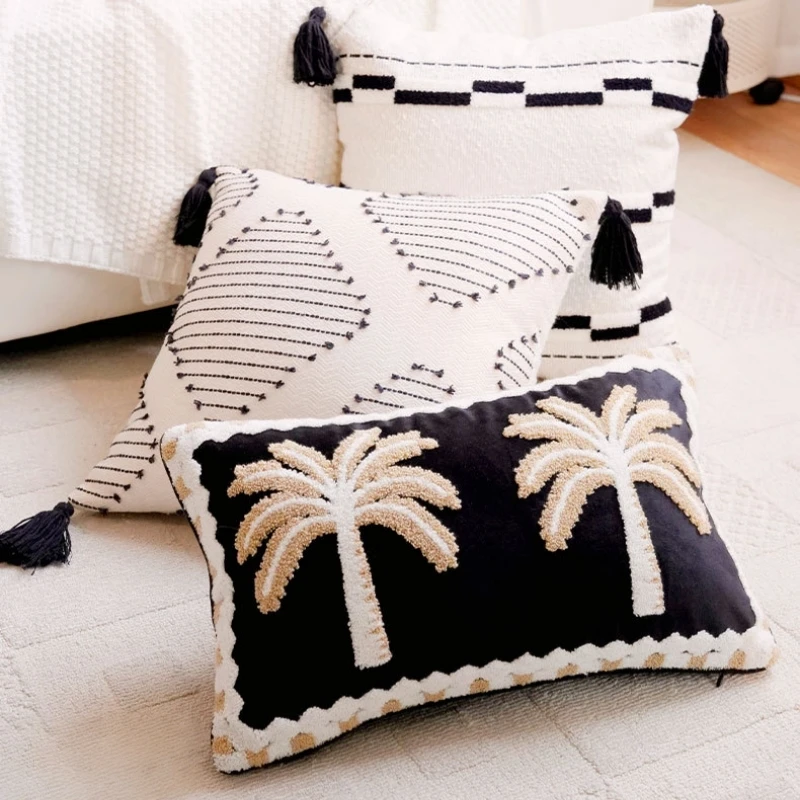 Black and White Boho Throw Pillow Covers with Embroidery 30x50cm 45x45cm Decorative Cushion Cases for Home Sofa Bedroom