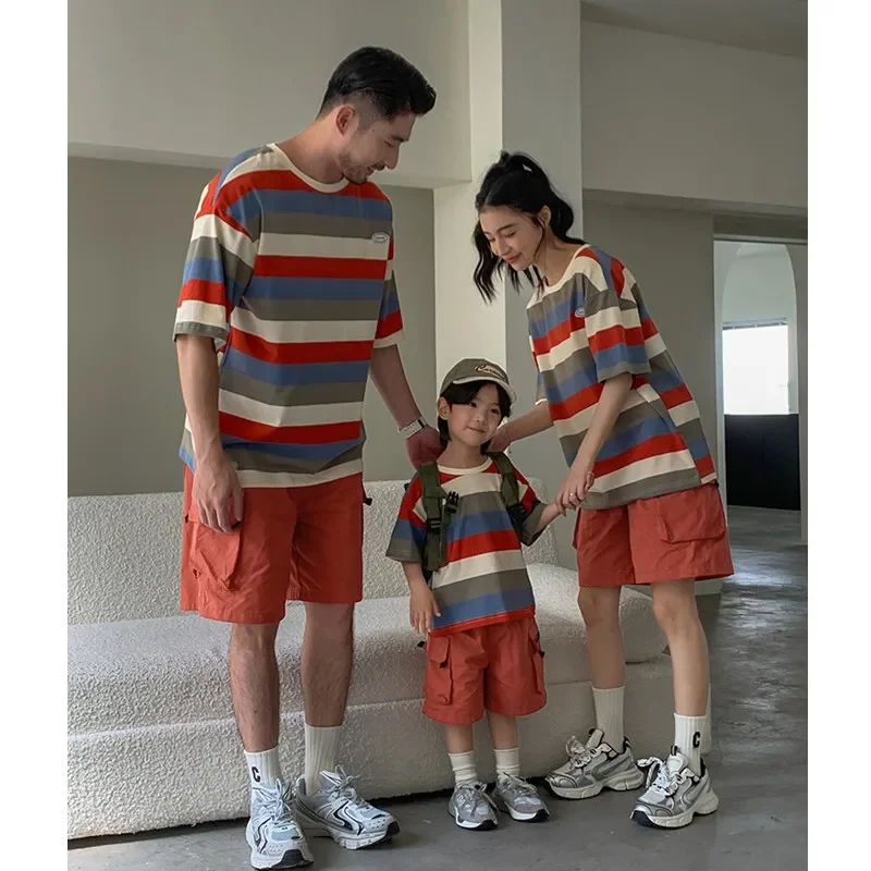 Dad Mom and Son Daughter Matching Parent-child Striped T Shirts Shorts Outfit Two Piece Sets Korean Children Clothing Summer