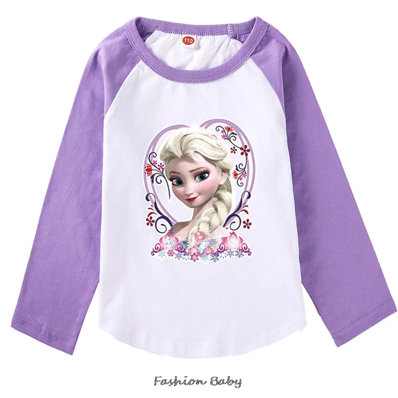 

New Disney Frozen Elsa Student Girl Fashion T-Shirt Kids Long Sleeve Tops Four Seasons Party Dress Girls Cotton Print Shirt Gift