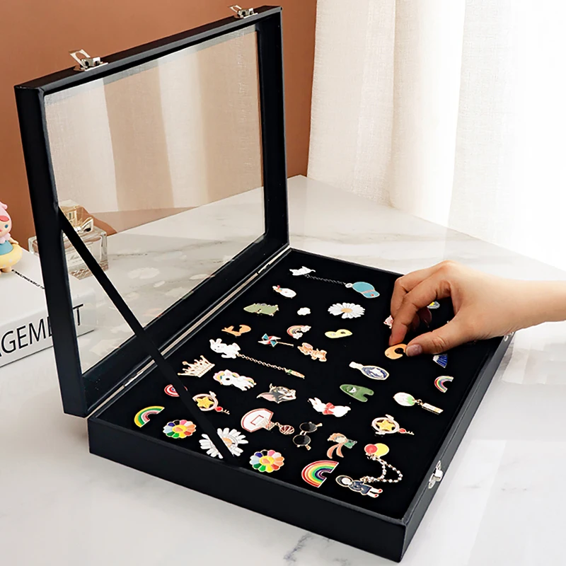 Transparent Dust-proof PU Leather Bar Badge Storage Box Pin Medal Display Stand Chest Jewelry Collection Frame