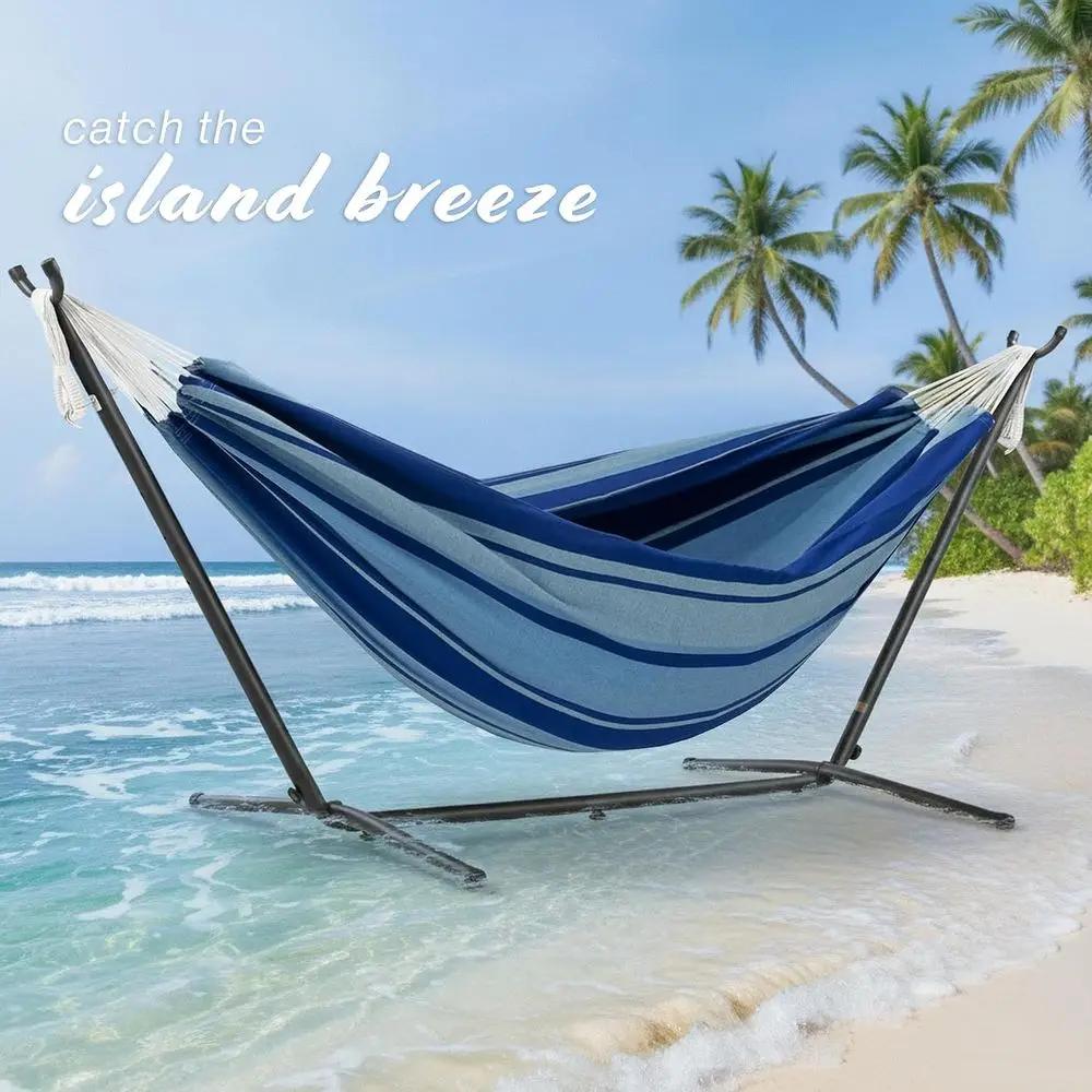 Double Cotton Hammock with Space-Saving Steel Stand, Polyester End Strings, 450 lb Capacity - Premium Carry Bag Included