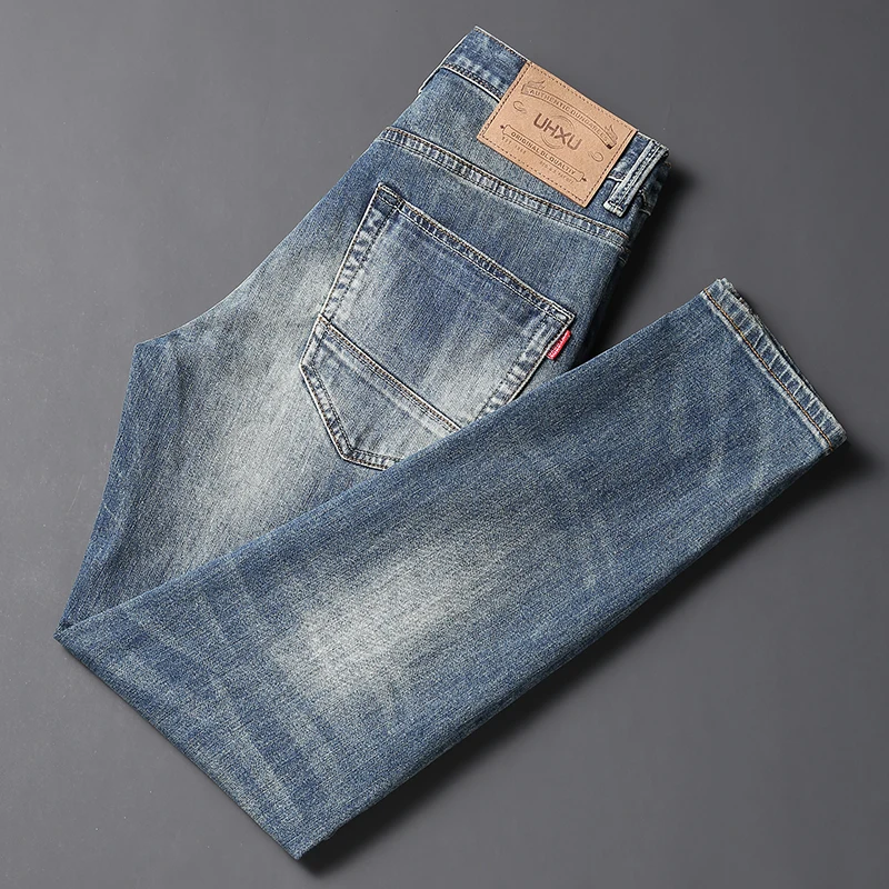 Fashion Vintage Men Jean High Quality Retro Blue Elastic Stretch Slim Jeans Men Plain Washed Casual Designer Denim Pants Hombre